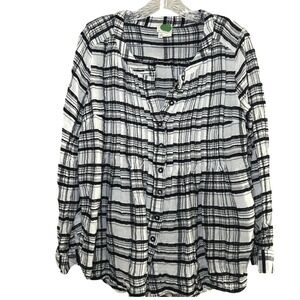 Anthropologie Black White Plaid Pintuck Button Down Blouse 12P  office neutral